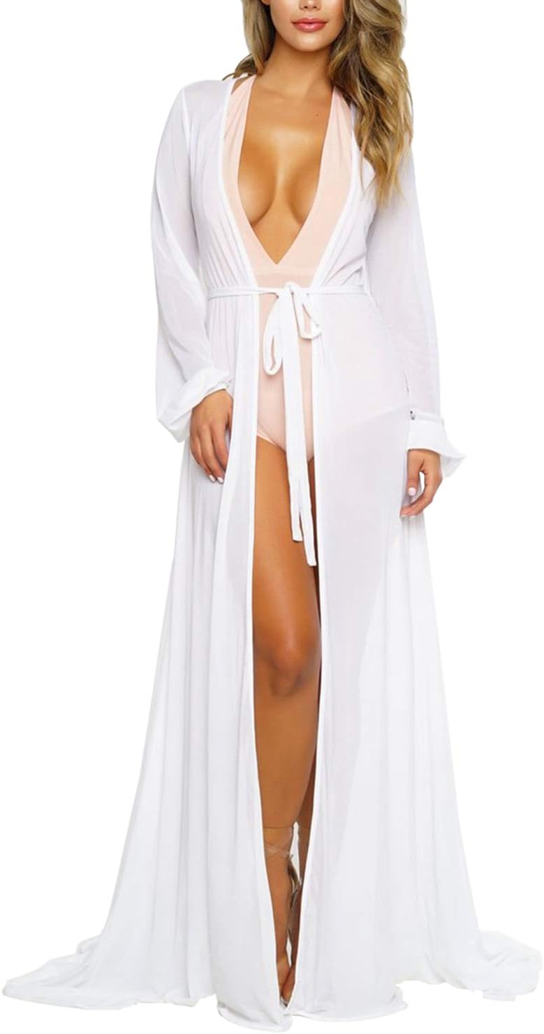 SovoyonteeWomen's Sexy Thin Mesh Long Sleeve Tie Front Swimsuit Swim Beach Maxi Cover Up Dress