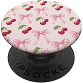 Cherry Pink Bow Coquette Pattern Cute Aesthetic Girly PopSockets Adhesive PopGrip