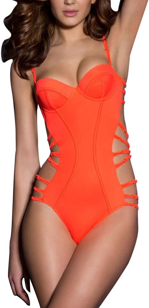 Cfanny Women's Neon Coral Strappy Wrap Push Up Monokini