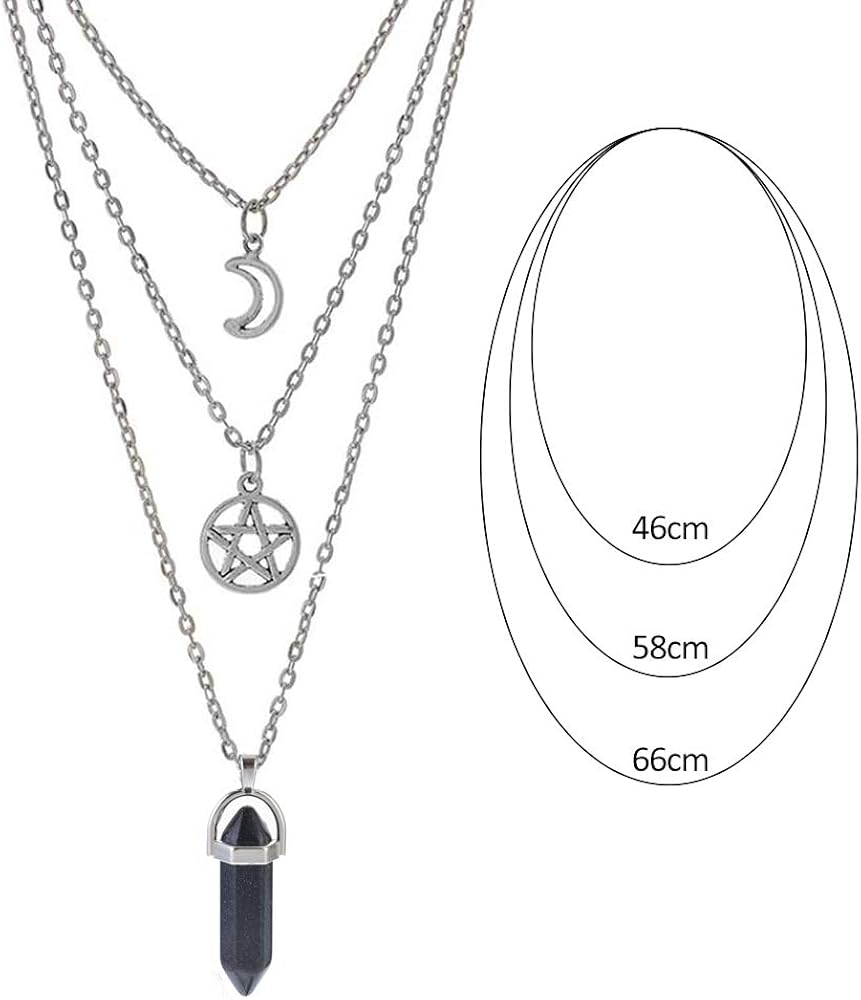 MJartoria Moon Pentagram Necklace Pentacle Chakra Charm Pendant Multi Layer Alloy Chain Choker Necklace Set Gothic Jewelry (Silver star hexagonal column-3pcs): Clothing