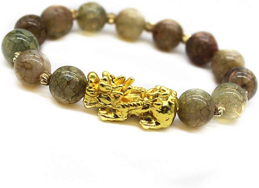 Feng Shui Bracelets Mens Womens Golden Pixiu Crystal Stone Beaded Bracelet Attract Lucky Wealthy Amulet Brecelet(Grey)