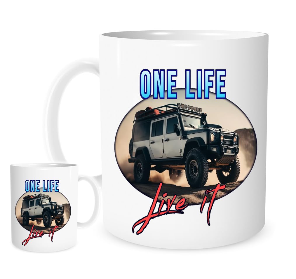 One Life Live It Off-Road Adventure Mug – LR Defender Over Rocks and Sand – Motivational Gift for 4x4 Enthusiasts, Campers & Explorers – 11oz Ceramic Coffee Cup