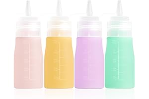 Mrsdry Condiment Squeeze Bottles, 12 oz Silicone Squeeze Bottles For Sauces, Leak Proof Condiment Containers with Extra Interchangeable lid, Easy Squeeze for Oil, Honey & Dressings, BPA FREE (4 Pack)