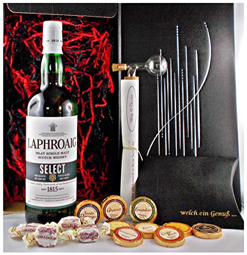 Geschenk Laphroaig Select Islay Single Malt Whisky + Glaskugelportionierer + Edelschokolade + Fudge