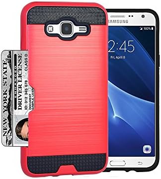 Samsung J7 Case, IECUMIE Brushed Armor Slim Fit Skin Cover Case with 1 Card Slot Wallet Feature for Samsung Galaxy J7 / J700 [Fits ONLY J700] - Red (Package include an Ultra Clear Tempered Glass)
