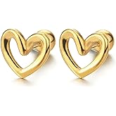Womens Stainless Steel Gold Color Open Heart Stud Earrings, Screw Back, 2Pcs