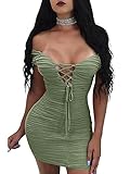 TOB Women's Sexy Bodycon Ruched Off Shoulder Lace Up Club Mini Dress Army Green