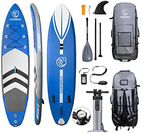 SURFMASS Inflatable SUP 11’ L x 6” T x 32” W Stand Up Paddle Board Stance iSUP with Adjustable Fiberglass Paddle, Dual Chamber Hand Pump, Wheeled Travel Backpack, Safety Ankle Leash, Fin