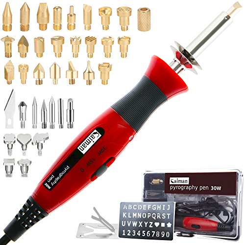Caiman Wood Burning Kit 38 Pcs,WoodBurning Pyrography Pen 15-30W Power Adjustable Temperature With Soldering Iron, Stand and Portable Carry Case