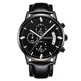 OLMECA Men's Watches Luxury Sports Business Quartz Wristwatches Waterproof Chronograph Calendar Date Genuine Leather Band Black Color
