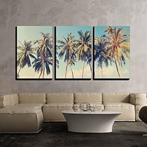 3 Piece Canvas Wall Art - Vintage Tropical Palm Trees on a Beach - Modern Home Art Stretched and Framed Ready to Hang - 16"x24"x3 Panels
