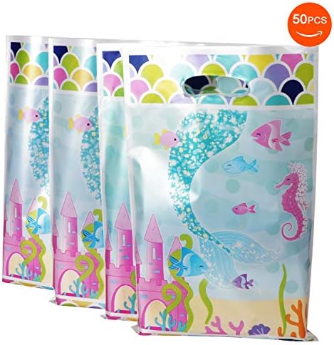 SoFire 50 Pack Plastic Mermaid Party Bags Goody Bag Treat Bags Mermaid Party Supplies