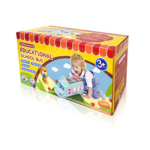 Lydaz Pull Along School Bus Toy with Xylophone, Shape Sorter (6 Alphabets Blocks), Multifunctional Vehicles for Baby Toddlers Kids Boys Girls Preschool