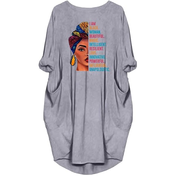 WbJetr Women's Afro Brave Blessed Long Sleeve Pocket Dress - Black Tunic Top