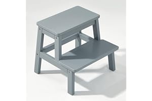 HOUCHICS Wooden Step Stool for Adults Kids, Solid Wood Bed Step Stool, Multi-Purpose 2-Step Stool for Kitchen, Bed, Bathroom（Gray）