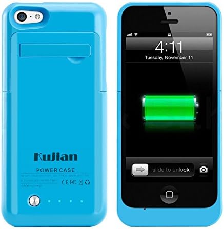 Kujian Slim Rechargeable Case with 4 LED Lights, Built-in Pop-out Kickstand Holder, 2200 mAh External Battery Backup for iPhone 5, 5s, 5c- Blue