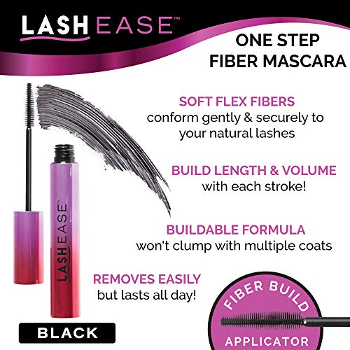 Lash Ease One Step Fiber Building Mascara- Black, Buildable Volume, Lengthens Natural Eyelashes, Lightweight, All Day Wear, 0.38oz