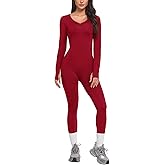 VUTRU Womens Long Sleeve Workout Jumpsuits V-Neck Romper Tummy Control Bodysuit Bodycon Sexy One Piece