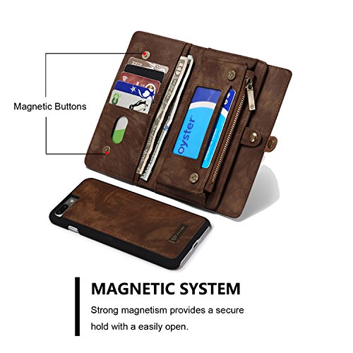 TOPWOOZU iPhone 7Plus Wallet Case, Zipper Wallet Leather Detachable Magnetic Removable Case Purse Clutch Back Flip Credit Card Holder Cover Case for iPhone 7Plus/7Pro 5.5inch