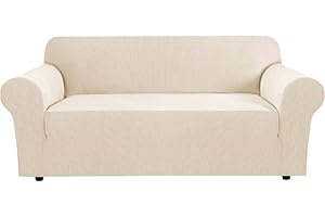 H.VERSAILTEX Stretch Sofa Covers for 3 Cushion Couch Covers Sofa Slipcovers for Living Room Feature Thick Checked Jacquard Fabric with Elastic Bottom, Sofa Large - Natural