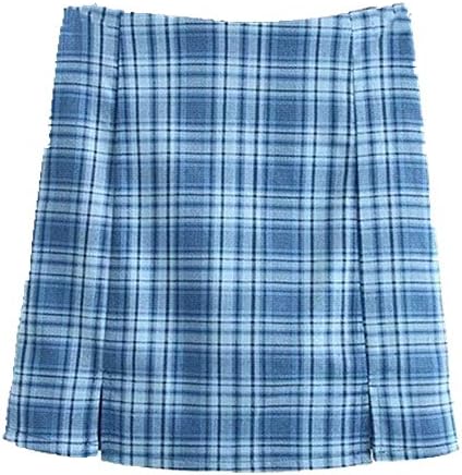 N\P Hög midja delad kort kjol streetwear tartan brun dam A-linje 