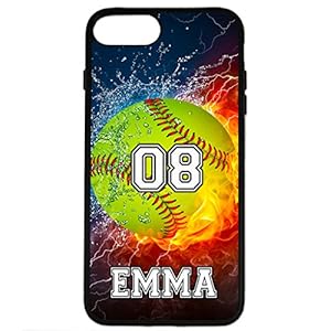 iPhone 8 Plus Case, iPhone 7 Plus Case, ArtsyCase Thunder Water Fire Softball Personalized Name Number Phone Case for…