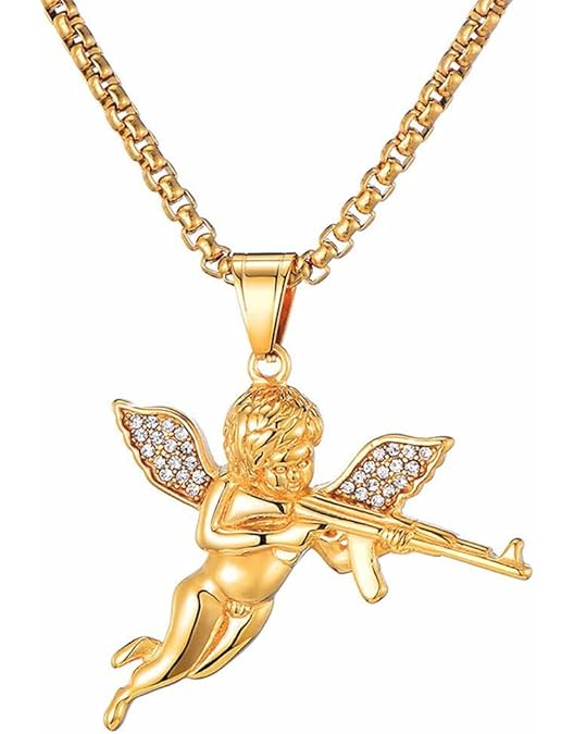 Vintage AK47 Machine Gun 18K Cherub Cupid With Gun Pendant Chain