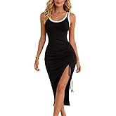 IHOT Women's Sexy Side Slit Midi Dresses Sleeveless Ribbed Casual Ruched Bodycon Club Party Tank Dress
