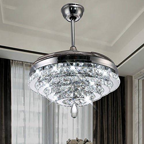 Lighting Groups Invisible Ceiling Fans 4 Circles Crystal Ceiling Fans Lamp-42 inch Transparent Retractable Blades Remote Control Fans Chandelier With LED Three Color Lights -for Indoor (Chrome)