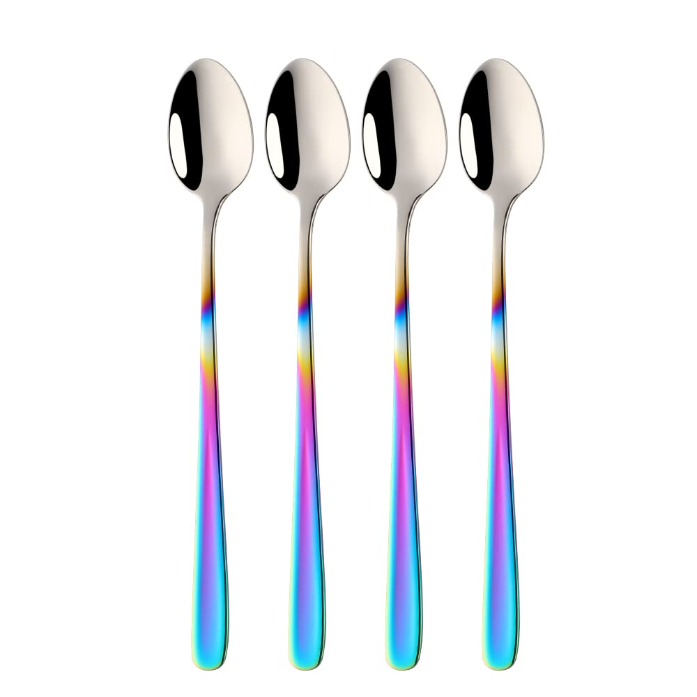 BISDARUN 18/10 Stainless Steel Latte Spoons Gradient Rainbow Ice Cream Teaspoons 4 Pieces Long Handle Ice Cream Cup Spoon for Hot Chocolate Hot Drink Dishwasher Safe
