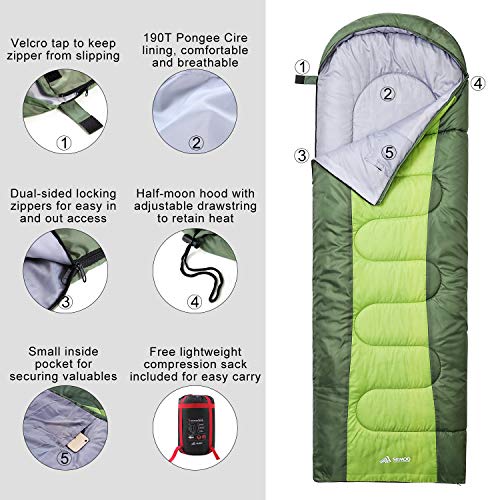 SEMOO Sleeping Bag, Portable Lightweight Water Resistant Temp Rating 42.8F/6C, Comfort 3 Season Envelope Sleeping Bags with Compression Sack Green