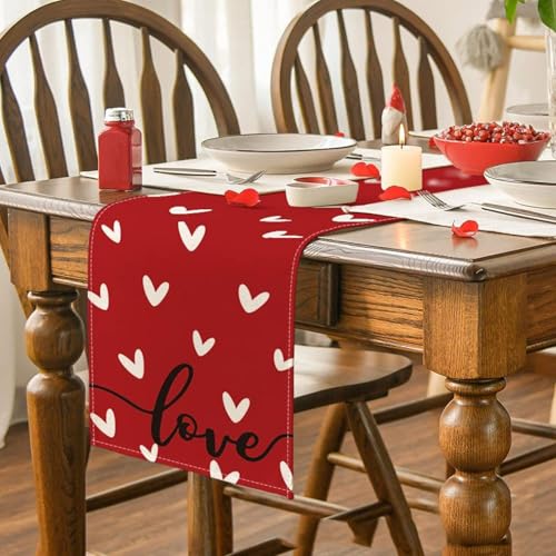 Valentines Table Runners With Red Heart Love, Table Runner, 120x33 Cm Linen Table Cloth,For Valentine'S Day Party Decor, Wedding Anniversary Birthday Decor Holiday Home Decorations (D)