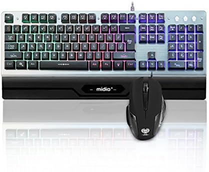 Prunend Mechanical Feel Gaming Keyboard Combo,LED Wired Keyboard Metal Surface with Rainbow light