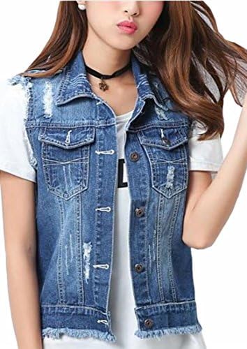 Hokny TD Womens Cutoff Buttoned Distressed Coat Jean Denim Jacket Casual Vest 1 L