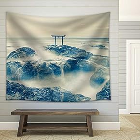 Japan Landscape of Traditional Japanese Gate and Sea at Oarai Ibaraki Prefecture - Fabric Wall Tapestry Home Decor - 51x60 inches