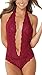 EVELUST Womens Open Back Halter Plunging Teddy,Comfortable Scalloped Trim Lace Lingerie (S,Wine,6004e)