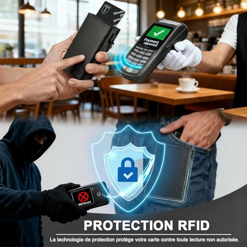 Portefeuille Homme en Cuir, Porte-Cartes avec Blocage RFID, 8 Porte Carte Crédit, Porte Carte Bancaire avec Compartiment à Billets et Poche à Monnaie, Cadeau Papa Fete des Peres - Boîte Cadeau