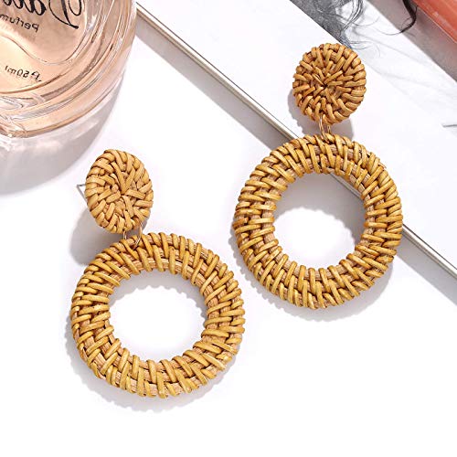 Rattan Earrings for Women Girls Handmade Lightweight Wicker Straw Stud Earrings Statement Weaving Braid Drop Dangle Earring Set(2pair) - Thumbnail 3