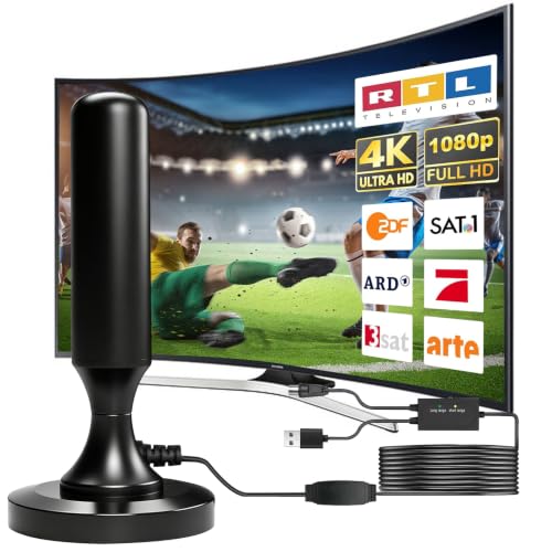 DVB-T2 Antenna with Powerful Amplifier, Digital Terrestrial TV Antenna Internal External Magnetic Base, 4K Full HD Without Parable, 5 m Cable Compatible DVB-T/DVB-T2