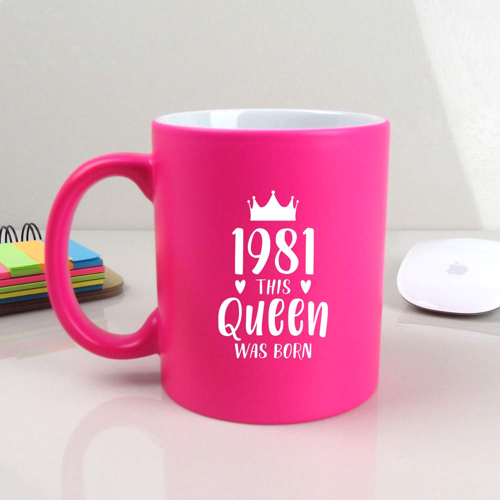 eBuyGB Gift for Mum 1981 This Queen was Born Neon Coffee Mug, Ceramic, Pink