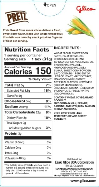 PRETZ SWEET CORN BISCUIT STICKS – REAL CORN FLAVOR WITH A CRUNCHY BITE, IDEAL SAVORY SNACK – 5-PACK (31G/1.09OZ EACH)