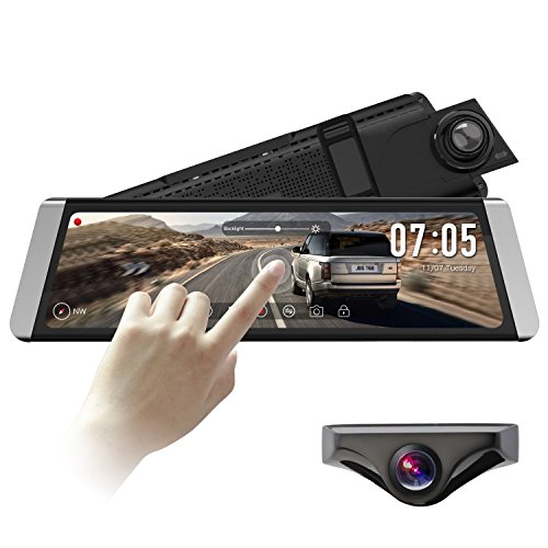 AUTO-VOX X1 9.88"Full Touch Screen Stream Media Dual Lens Mirror Dash Cam AHD Reversing Backup Camera kit,1296P FHD Front Camera and 720P Rear View Recorder Dash Cam with Auto Brightness,WDR,LDWS,GPS