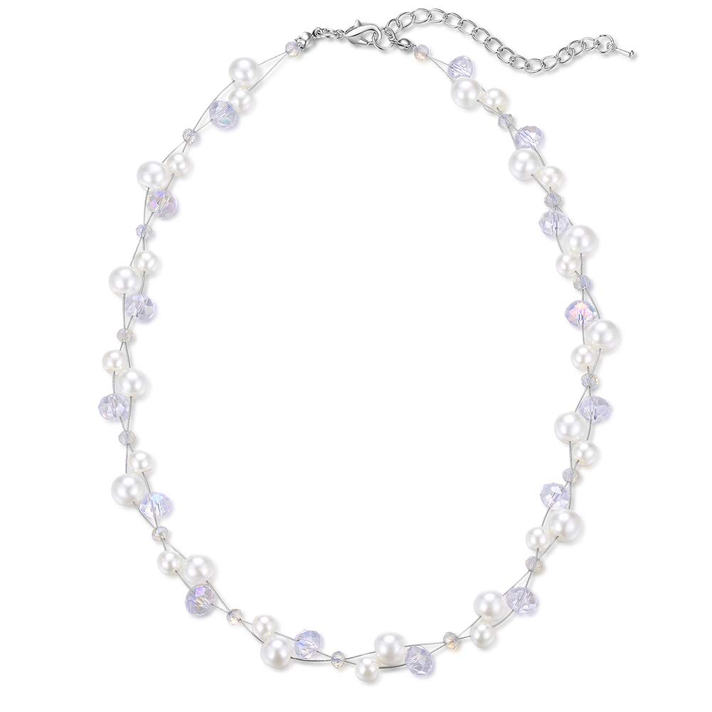 BULINLIN Short Beaded Pearl Necklace for Women, Silver Handmade Statement Necklace with Crystal Beads Fashion Jewellery Birthday Gifts for Her(White)