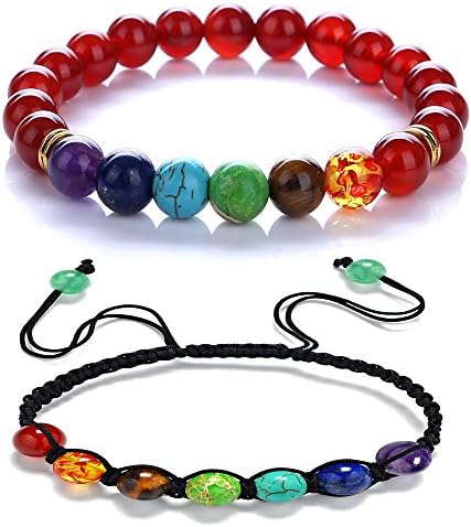 VIKI98 Men Women 8mm Carnelian 7 Chakra Gemstone Beads Bracelet Reiki Healing Balancing Yoga Prayer Chakra Bracelet (braided+red agate)