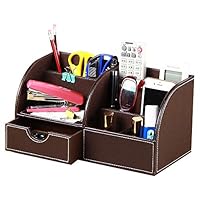 Office Desk Organizer PU Leather 6 Departments Pen Holder Desktop Storage Box Caddy with Drawer for Stationery/Pencils/Trinkets/Collections/Phones/Remote Controllers (Brown)