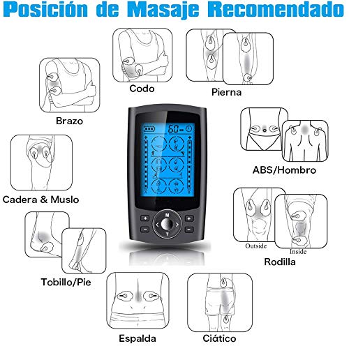Estimulador Muscular de 24 Modos de Unidad TENS EMS de Doble Canal, Masajeador de Pulso Recargable con 8 Almohadillas de Electrodos, Artritis, Rigidez Muscula