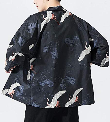 Hotmiss Men's Kimono Cardigan Jacket Japanese Style Flying Crane Seven Sleeves Open Front Coat (Navy Crane, Large)