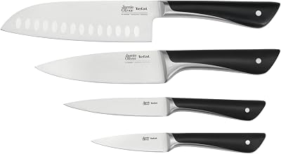 Jamie Oliver - Juego de 4 Cuchillos: Santoku 16,5 cm, Chef 15 cm, Universal 12 cm y Pelador 9 cm, Acero Inoxidable, Endurecidos con Hielo -120°C, Corte Preciso, Mango Robusto, Diseño Duradero
