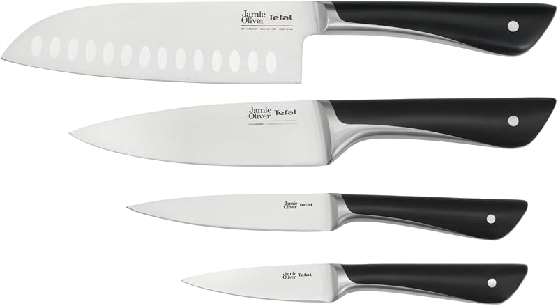 Jamie Oliver - Conjunto de 4 facas: Santoku 16,5 cm, Chef 15 cm, Universal 12 cm e Peeler 9 cm, Aço Inoxidável, Endurecida a Gelo -120°C, Corte Preciso, Cabo Robusto, Design Durável