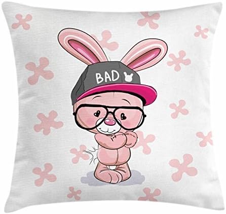 Dick Sidney Rabbit Throw Pillow Cushion Cover, Bunny Boy with Big Glasses and Cap with the Print of Bad Heart Shaped Eyes, Decorative Square Accent Pillow Case Pale Pink Taupe